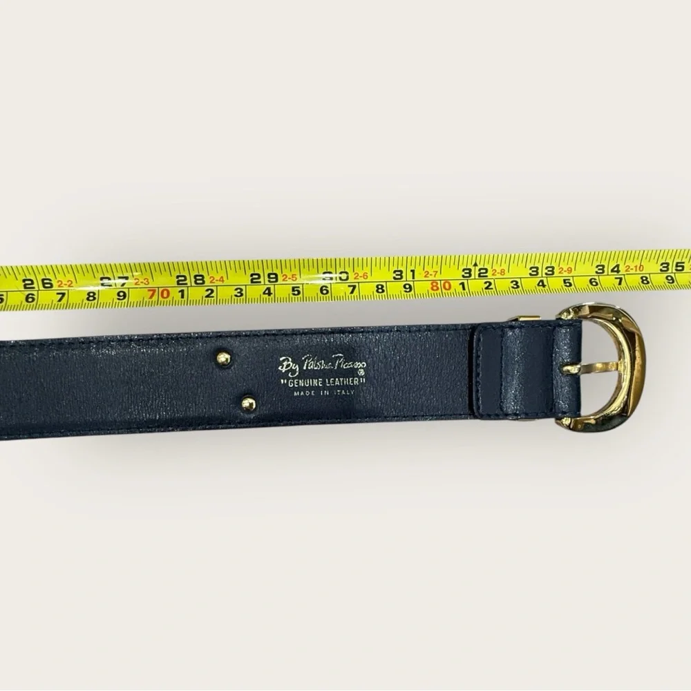 Paloma Picasso Vintage Navy Leather‎ X Buckle Belt Size M 75 Made in Italy Gold